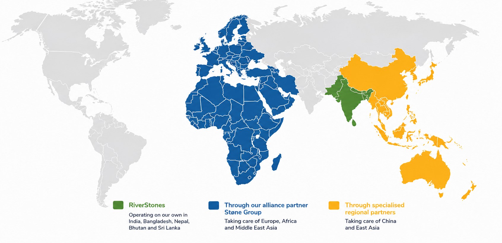 World map showing RiverStones operating directly in India, Bangladesh, Nepal, Bhutan and Sri Lanka; through alliance partner Stone Group across Europe, Africa and Middle East Asia; and through specialised regional partners across China and East Asia